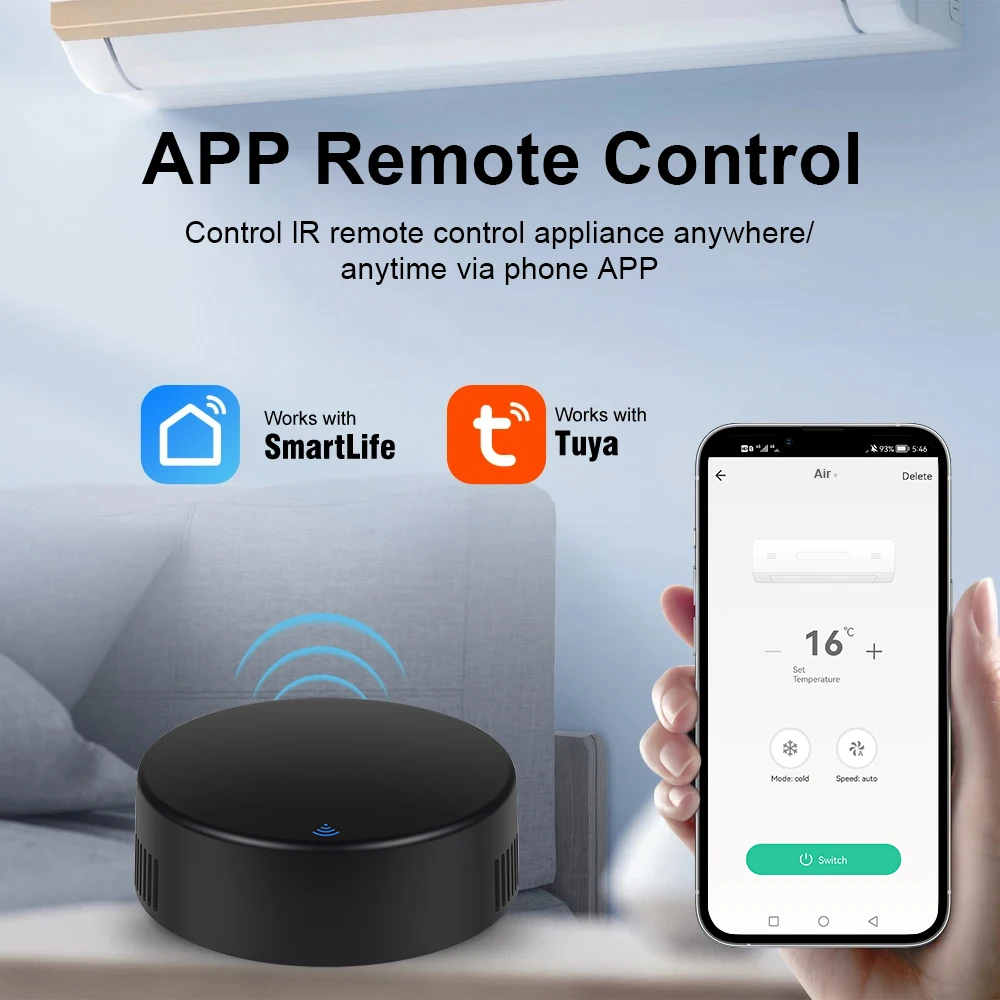 Control remoto Tuya WiFi RF IR, 433MHz/315MHz para casa inteligente a través de Smart Life para aire acondicionado, compatible con todos los televisores Alexa, Google Home