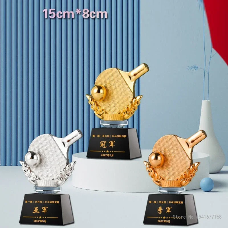 

Customized Resin Table Tennis Trophy Gold Silver Copper Awards Souvenirs Home Decorations Craft Lettering Crystal Base Medal 1Pc