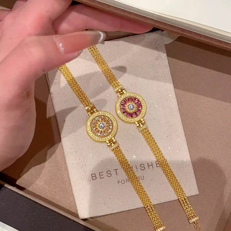Sand gold light luxury diamond set with rotating pink zircon compass watch bracelet female gold fashion small dial 9999gold
