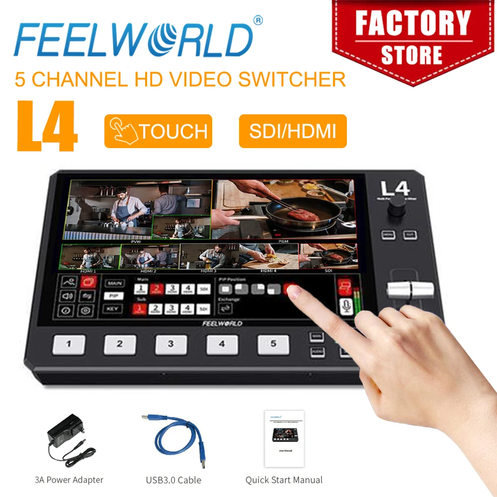 FEELWORLD 터치 스크린 멀티 카메라 비디오 믹서 스위처, 4x HDMI, 1x SDI 입력, 크로마 키, USB3.0 라이브 스트리밍, L4, 10.1 인치