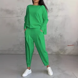 Women Elegant Long Sleeve Pocket Solid Set 2024 Casual Sportswear Loose 2Pc Suit Fashion O-neck Pullover Top & Long Pant Outfits
