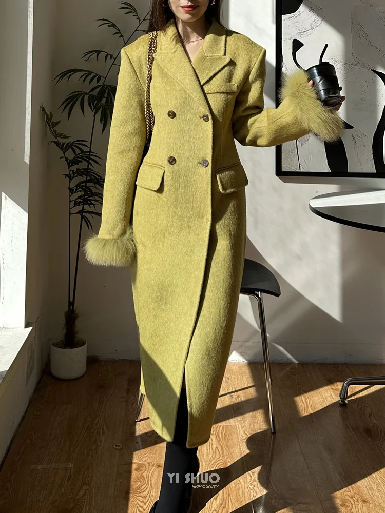 Korean Fashionable Winter Real Fox Fur Sleeve Coat Double Brested Waist-closure Sand Flap Trim Double-sided Wool Jacket Women