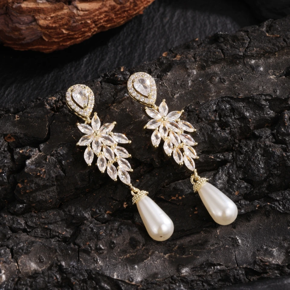 ZAKOL Luxury Bridal Dangle Earrings for Women Fashion Zircon Leaf Wedding Party Jewelry