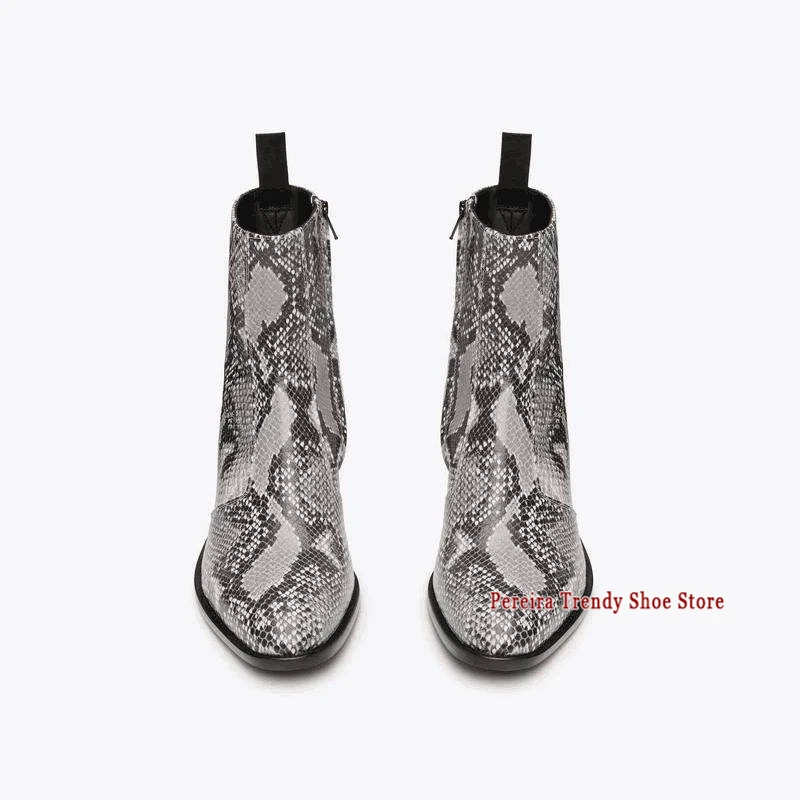 Autumn Winter Men's Snake Patterned Chelsea Boots Trend Pointed Toe Side Zipper Short Boots Party Banquet Genuine Leather Shoes