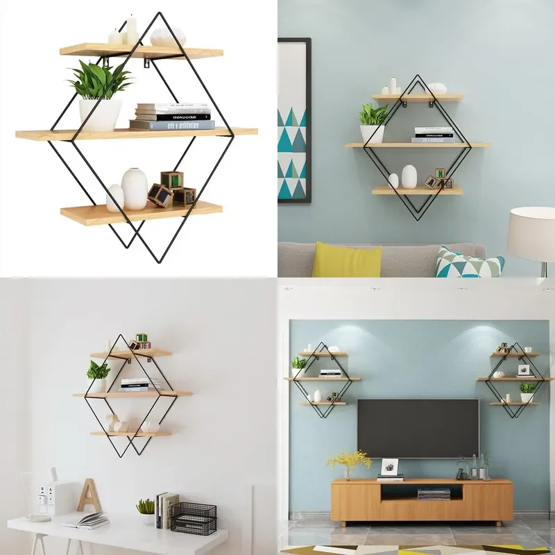 for Kitchen Bathroom Geometric Rhombus Wall Mounted Wooden Storage Rack with Guide Rail