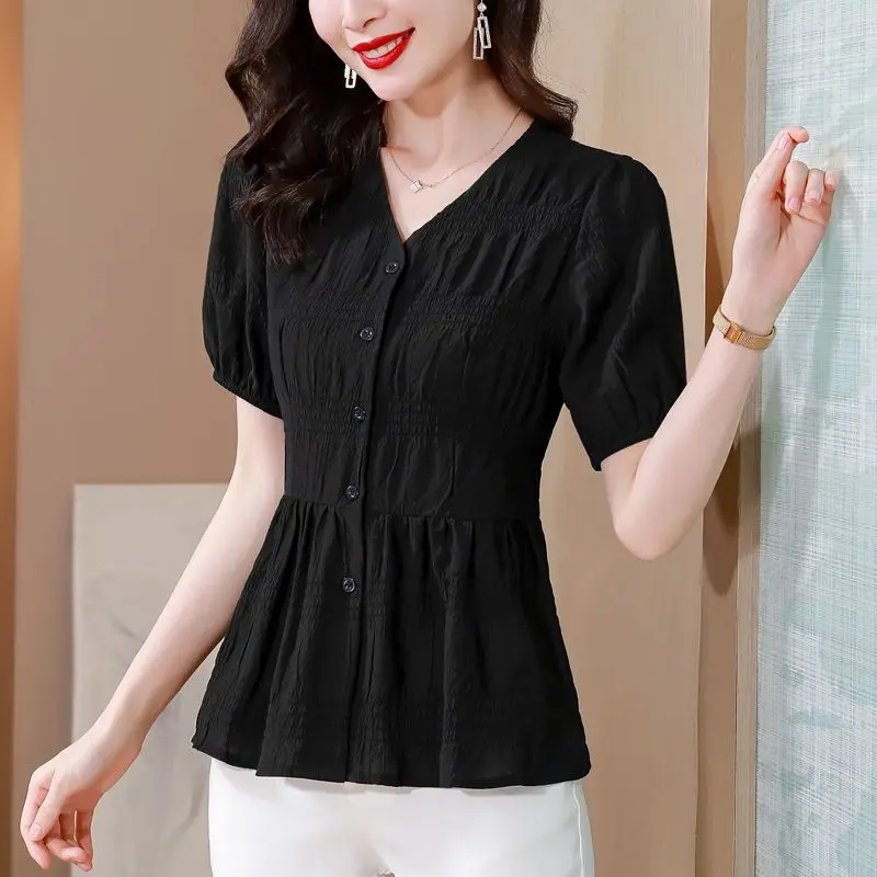 Simplicity Office Lady Summer Women\'s V-Neck Solid Pleated Corset Single Breasted Fashion Elegant Loose Short Sleeve Shirts Tops