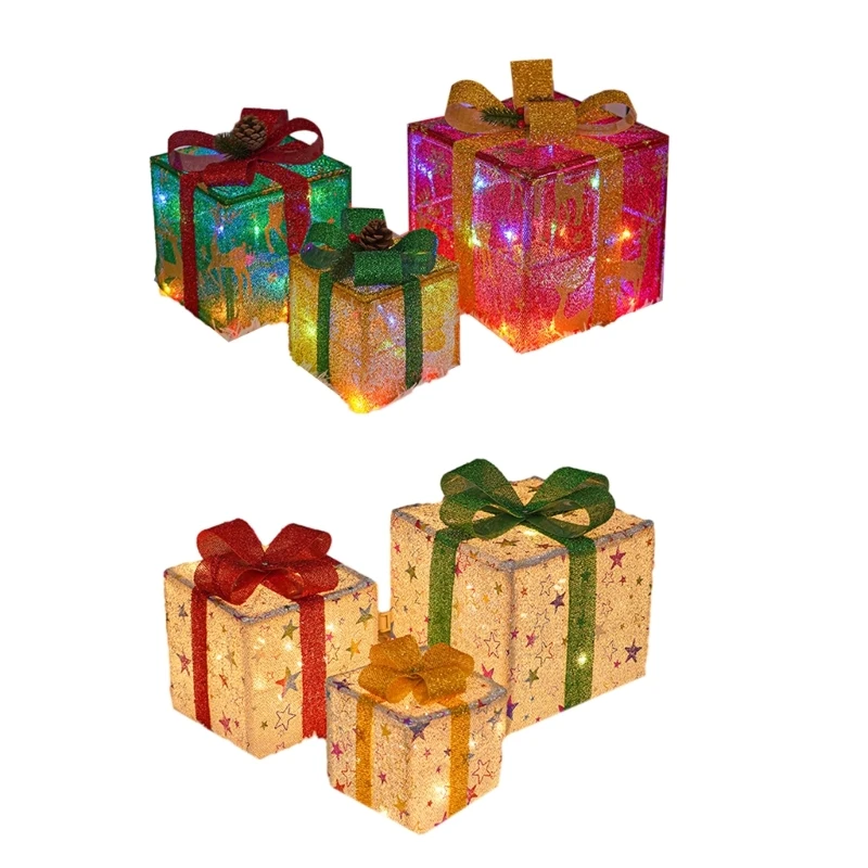

3 Pcs LED Warm Lights Present Box Ornaments Lighted Gift Boxes Christmas Decorations for Indoor Outdoor Yard Home Decor M89B