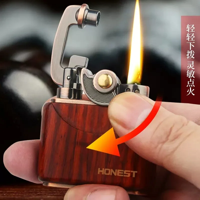 Retro Handmade Wooden Shell Rocker Kerosene Lighter, Metal Movement, High-End Grinding Wheel, Smoking Accessories Gadget