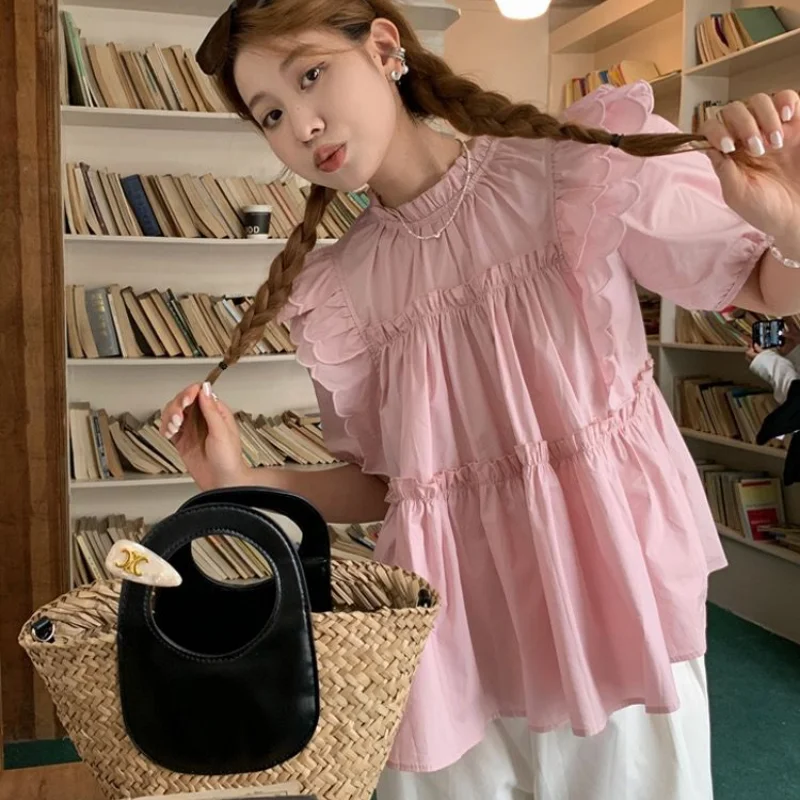 Sweet Pleated Loose Blouse Summer New Short Sleeve Solid All-match White Youth Fashion Blouse Elegant Korean Women Clothing