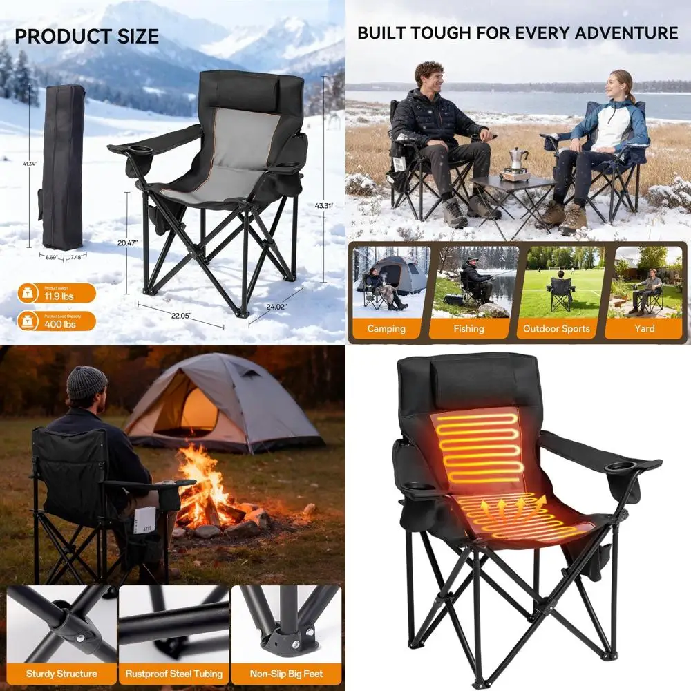 

Heated Camping Chairs, Foldable Camping Chairs with 2 Cup Holders for Outdoor Sports,Folding Chair with 3 Heating Level for Back