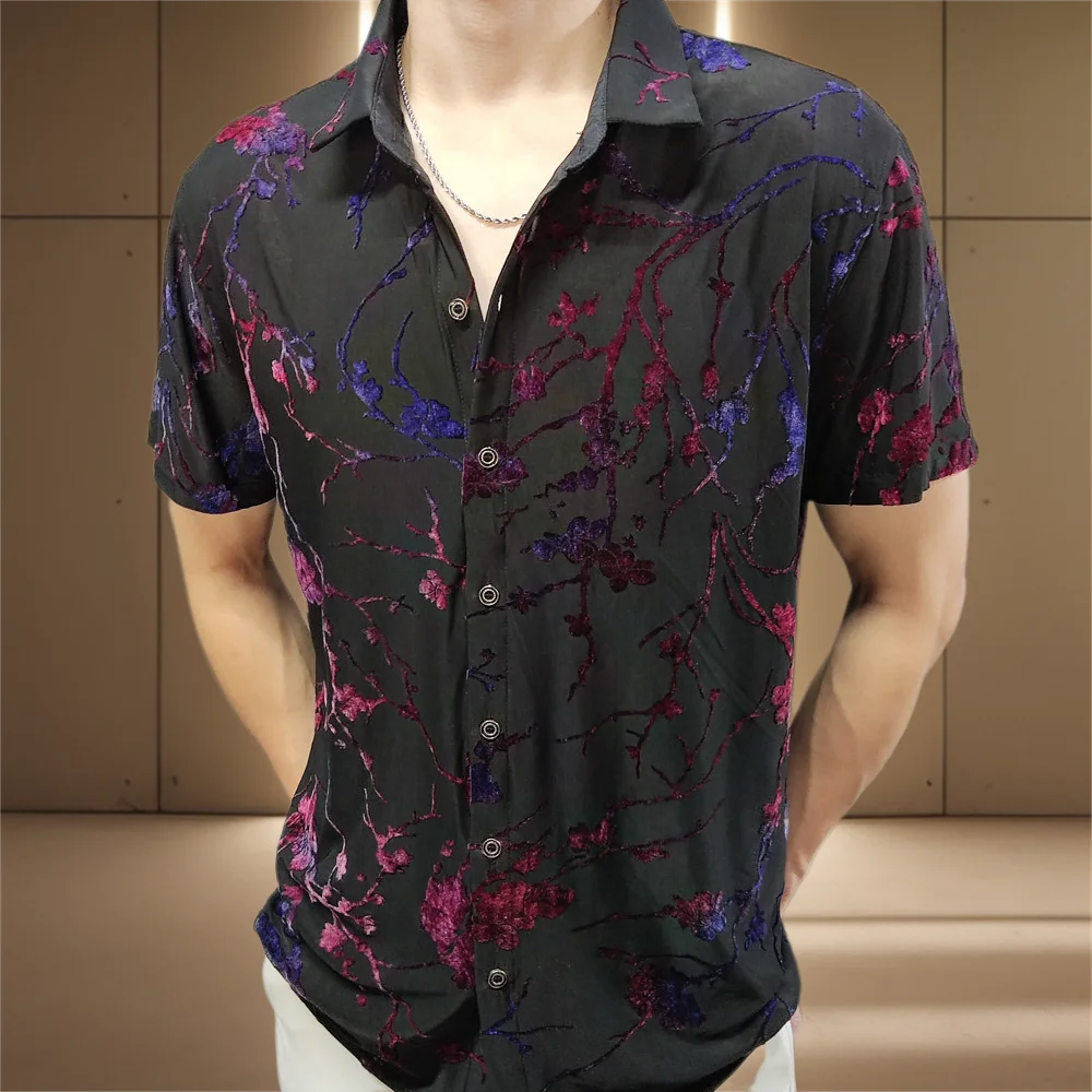 

Sexy Transparent Shirt Men Flower Velvet Shirt Club Chemise Homme Summer Mannen Kleding Short Sleeve Stylish Shirts For Men