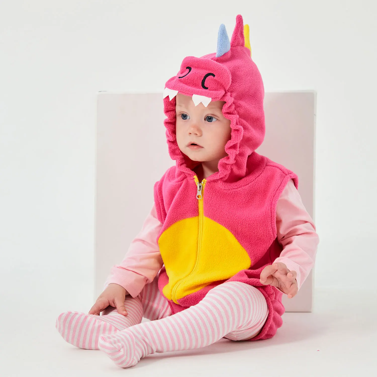 Pink Halloween Dinosaur Hooded Romper for Baby Girls Animal Style Toddler Bodysuit 6M‑24M Daily Wear Stage Performance Outfits