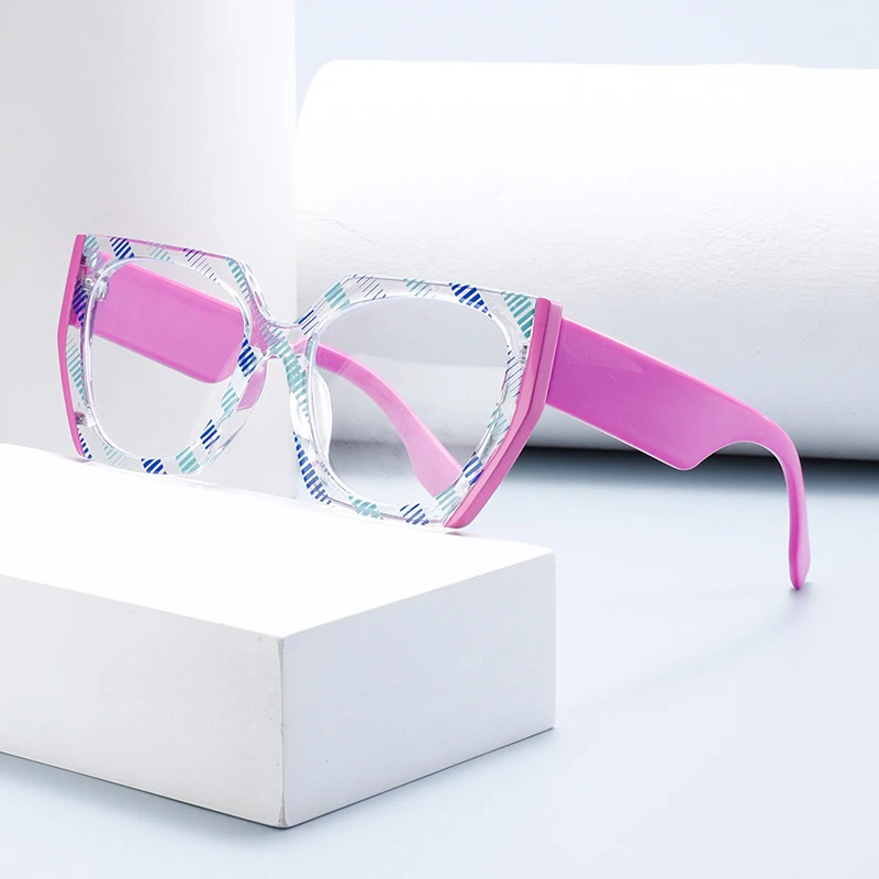 Retro Polygon Pink Glasses Frame Women Fashion Double Color Clear Lens Anti-Blue Light Eyewear Men Wide Legs Optical Frame