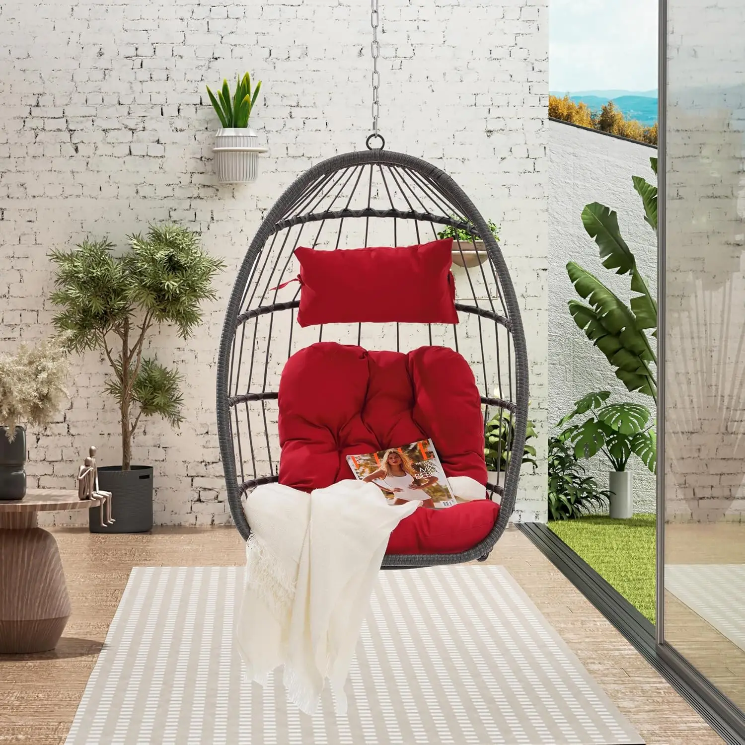 

Hanging Egg Chair Outdoor Patio Swing Basket Egg Chair with Cushion 360LBS Load Rattan Wicker Hammock Chair for Balcony Garden