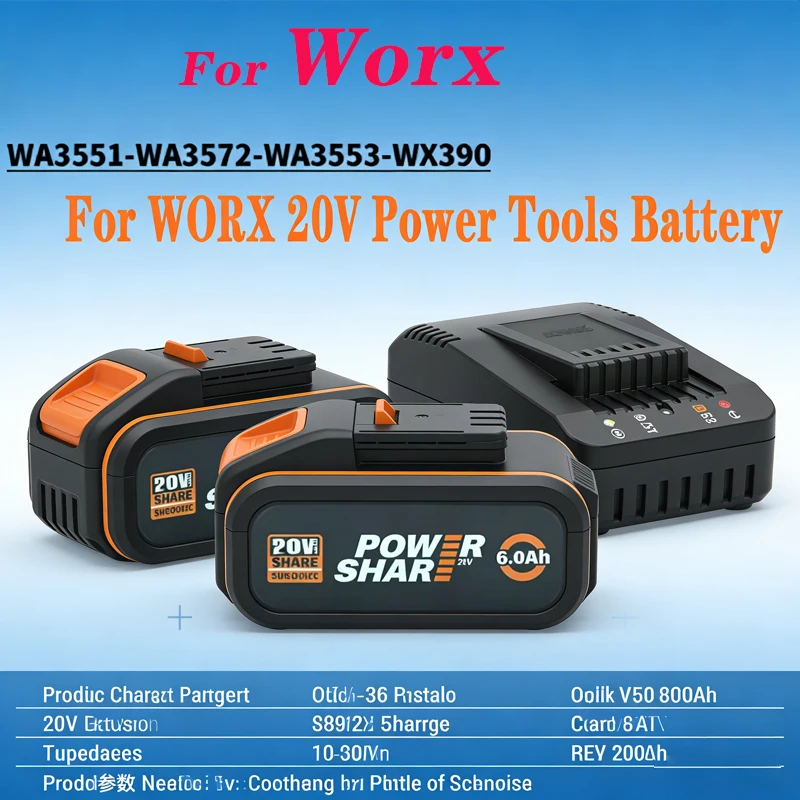 

Оригинальная литиевая батарея Worx, 20 В, 8,0 Ач, перезаряжаемая WA3553 WA3551 WA3553.1 WA3570 для всех электрических и садовых инструментов WORX