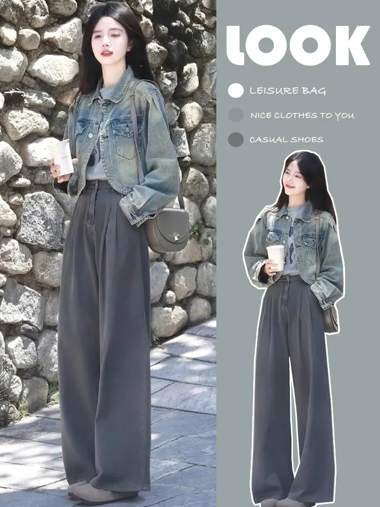 

Fashionable Casual Short Denim Jacket And Wide Leg Pants Two Piece Set for plus Size Women High Waist Korean Style Autumn Wear