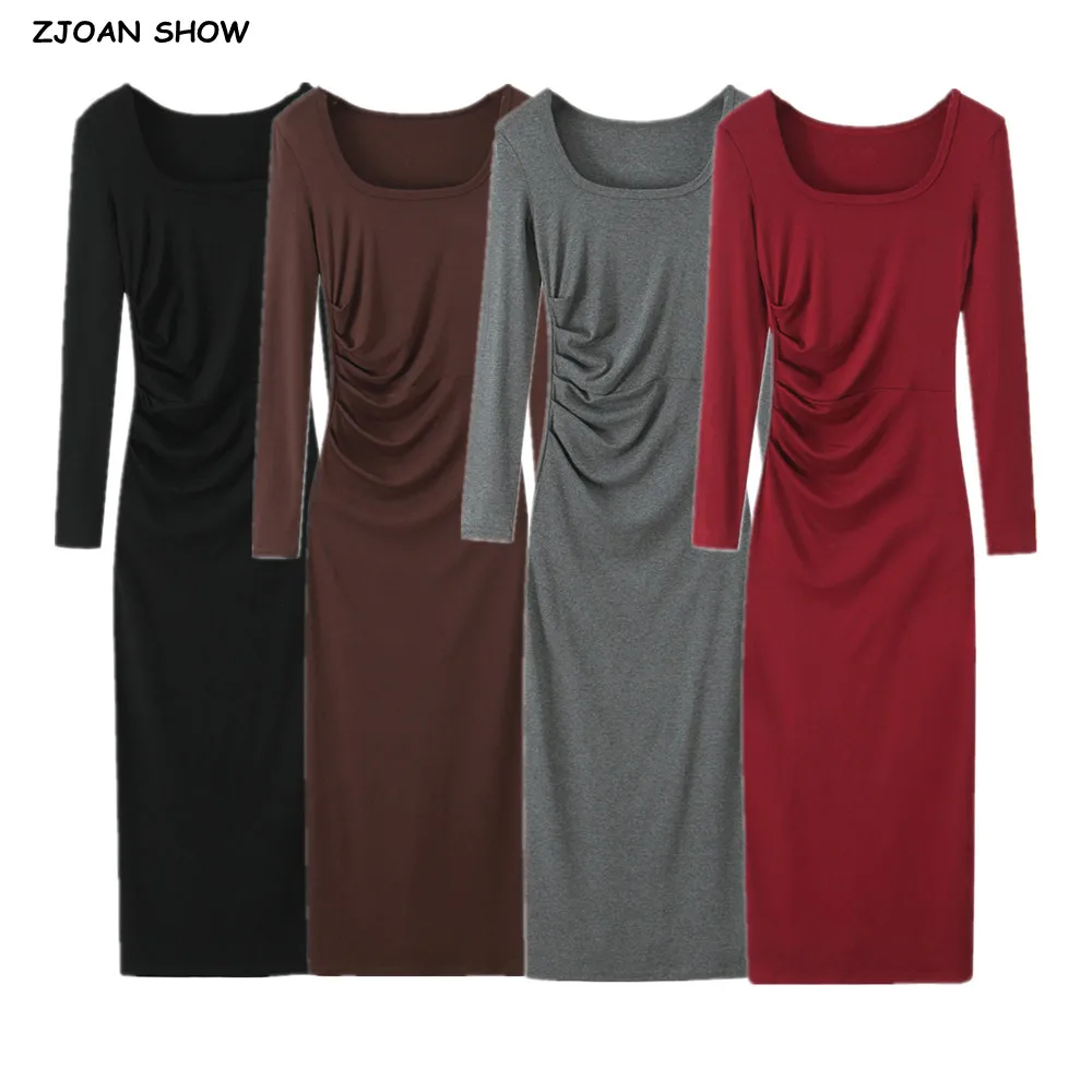 

2025 сексуальное длинное платье миди с U-образным квадратным воротником и длинными рукавами, женское сложенное платье с тонкой талией и бедрами, эластичное базовое платье