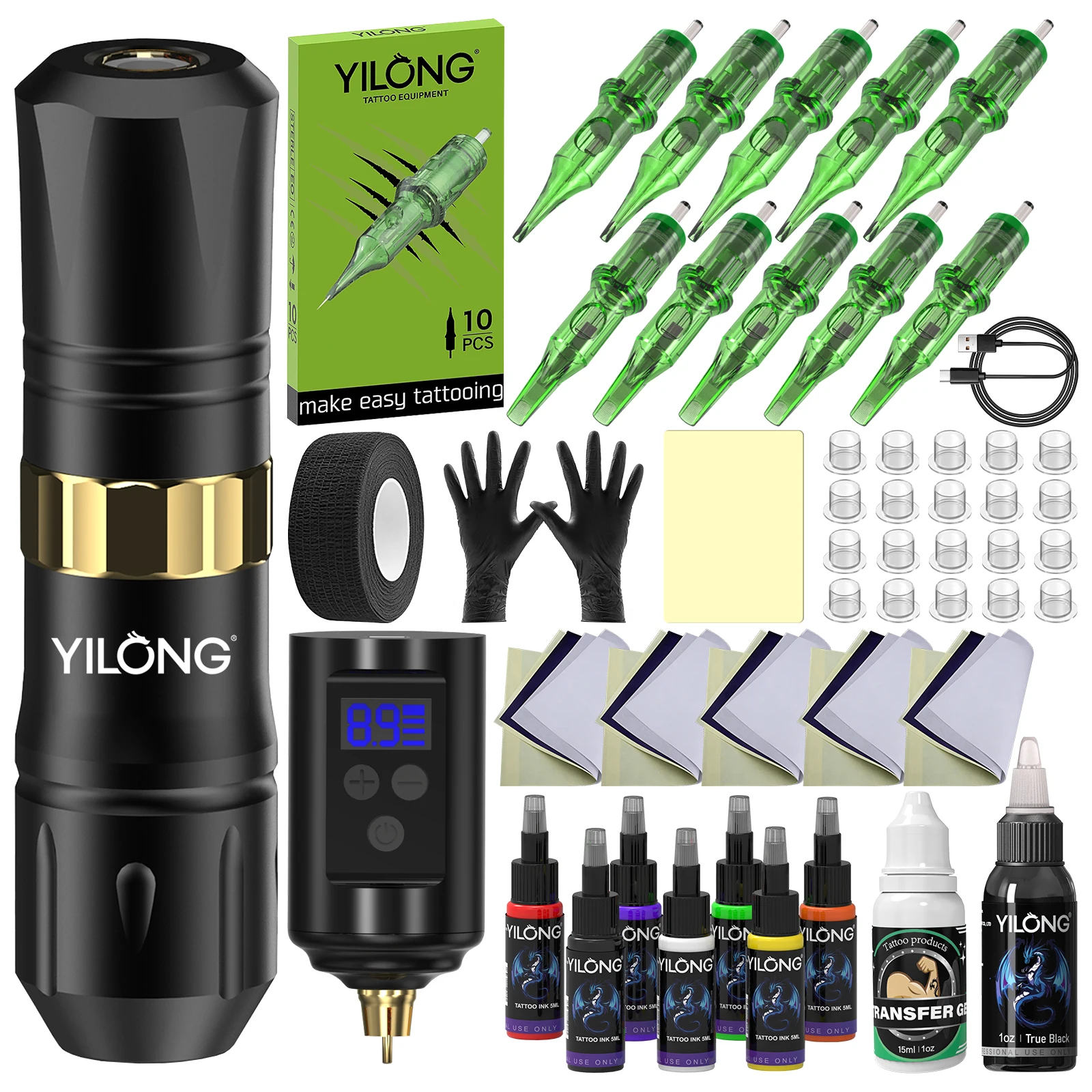

YILONG 3.5mm Stroke Wireless Tattoo Machine Kit 1500mAh Battery Rotary Tattoo Machine Complete Tattoo Supplies Set