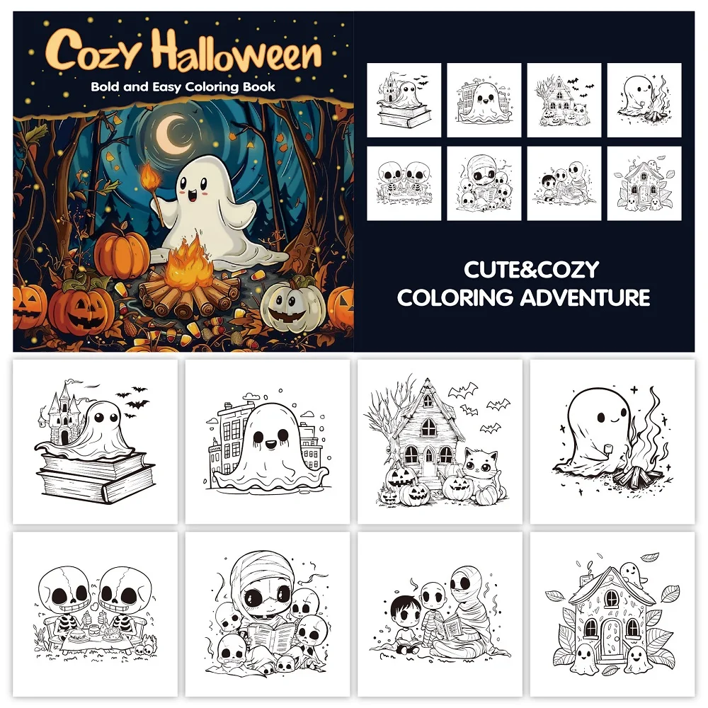 Cozy Halloween Bold And Easy Coloring Book  For Adults and Teens Stress Relief Creative Fun Activity Book Gift