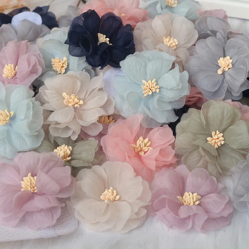 10Pcs 6CM Handmade Chiffon Multilayer Fabric Cored Flowers For Wedding Dress Skirt Hats Decor Headband DIY Hair Accessories