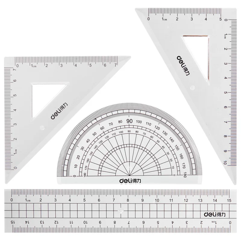 

4PCS/SET Deli 71988 Student Ruler Set Plastic 15cm Straight Ruler Include Protractor Right Triangle Ruler