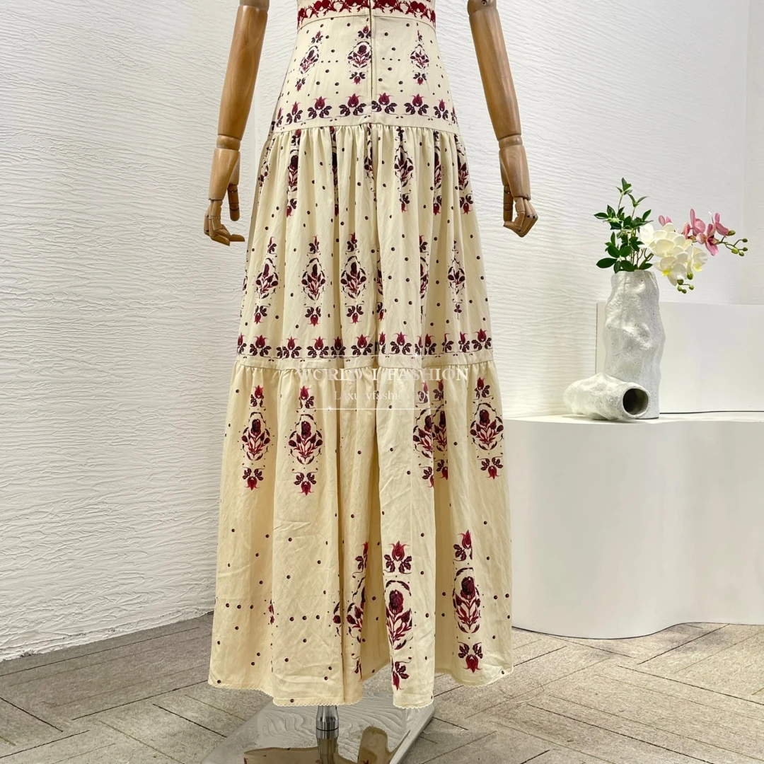 

Beige Embroidery Floral Print Sleeveless Sling Women's Summer Dress Viscose