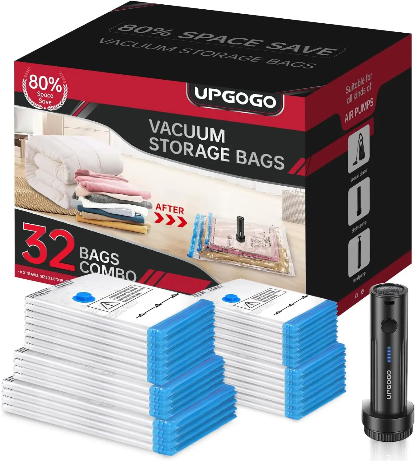 

32-Pack Vacuum Storage Bags with Electric Pump, Space Saver for Clothes and Travel Luggage