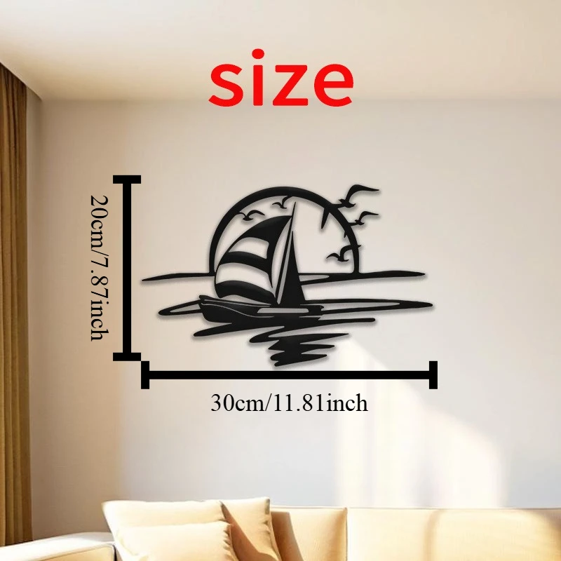 CIFBUY Metal Wall Art Wrought Iron Decor Sunset Sailboat Seagull Ocean Hanging Artwork Natural For Indoor Outdoor Living Room