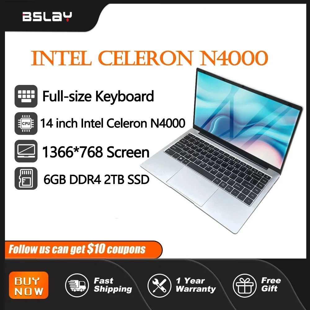 Ноутбук 14 дюймов Intel Celeron N4000 6 ГБ ОЗУ 2 ТБ SSD DDR4 Win 180 ° складной Wifi6 3850 мАч ПК 1366*768 экран HDMI тонкий компьютер ПК