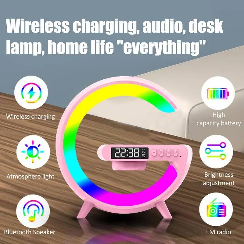 Wireless Charger Pad Stand Speaker TF Card RGB Night Light Lamp Alarm Clock Fast Charging Station Dock for iPhone Samsung Xiaomi