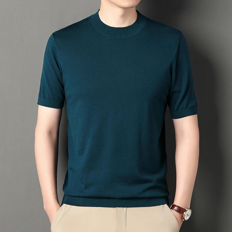 

100% Worsted Sheep Wool Men's Tee Tops Casual Knitwear Thin T-Shirts Male Mock Neck Pure Wool Knit Sweater Short Sleeved