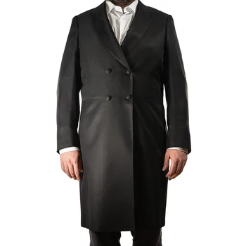 男性用クラシックブラック単色2ピーススーツ、ダブルブレスト、ロングブレザーセット、ピークラペル、カジュアル、ウェディングテールコート、エレガントなファッション、スマート、カジュアル