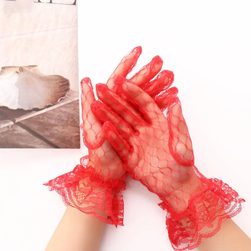 

Elegant Retro Short Banquet Dress Accessories Autumn Wedding Lace Gloves Bridal Mesh Gloves Thin Mittens