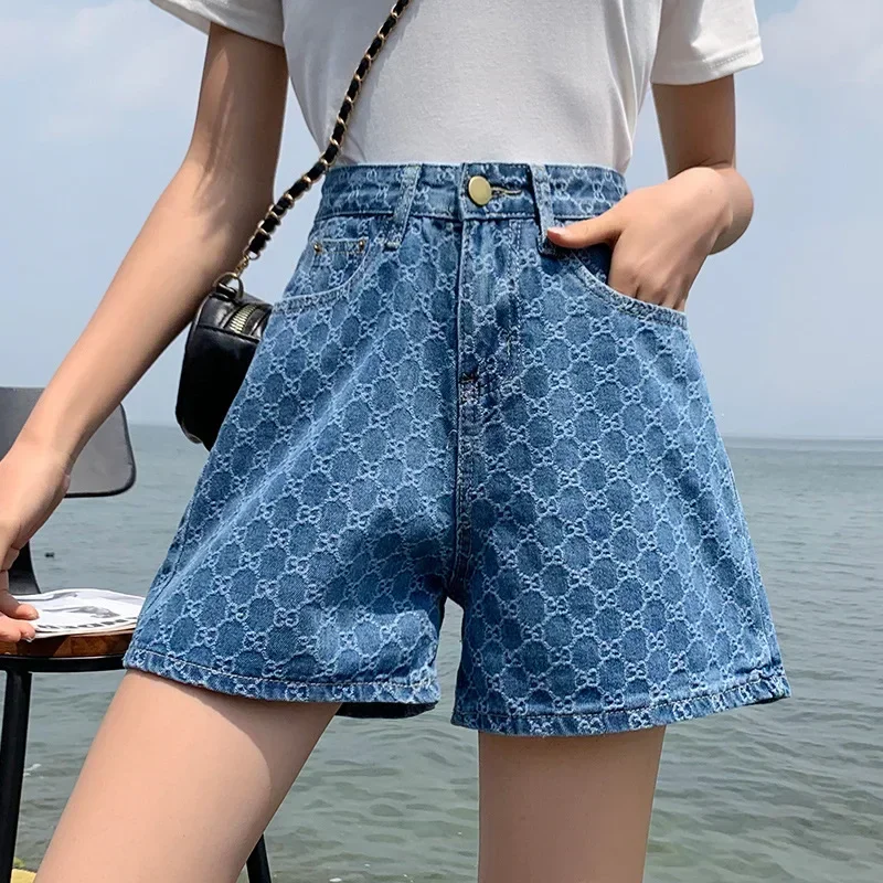 

Pop Women's Blue Denim Shorts Summer Fashion Korean Casual Wide-leg Shorts Ins Loose Printed Embroidery Denim A-line Shorts