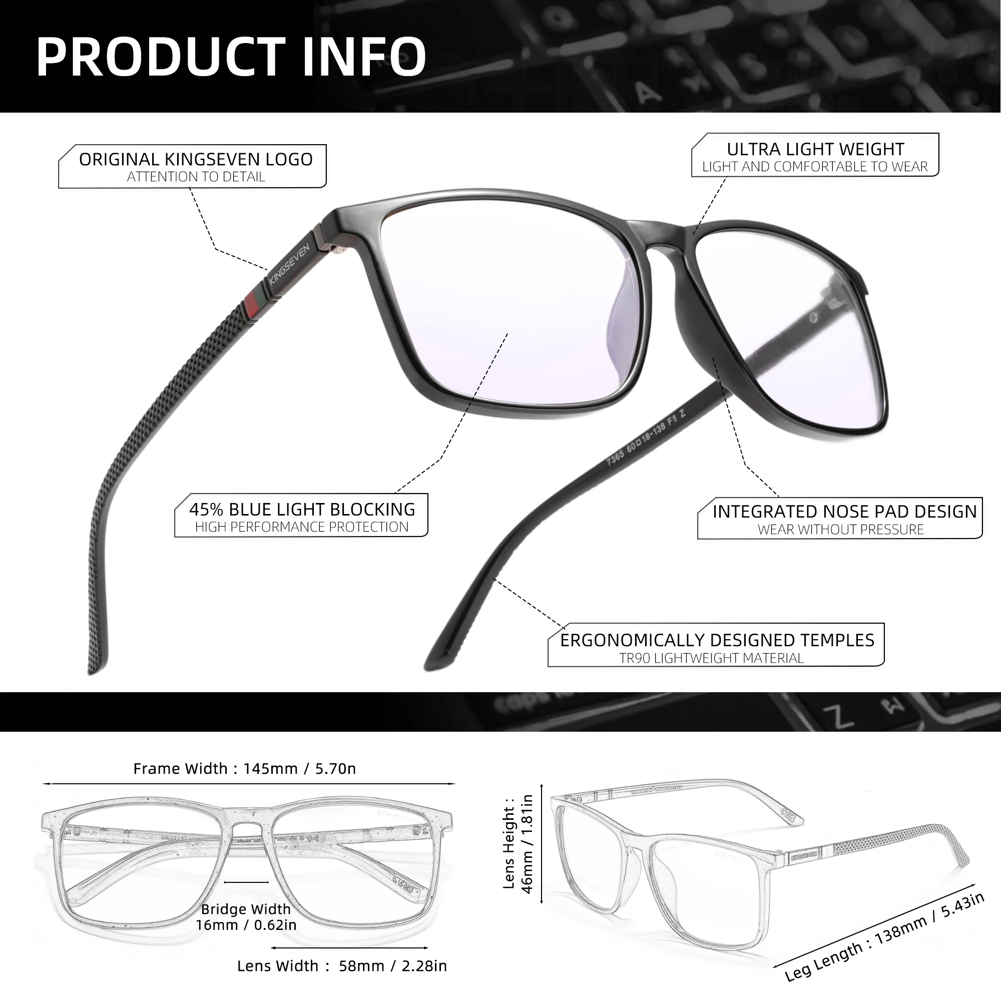 KINGSEVEN Blaulicht-blockierende Brille für Herren/Damen, Computer, Anti-Blue-Ray-Brille, transparente Linse, ultraleichte Rahmenbrille – Detail 1