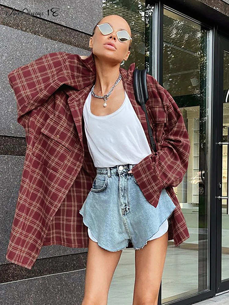 Mnealways18 Street Style Red Plaid Shirts Women Irregular Long Sleeves Oversized Blouses Autumn 2024 Loose Gingham Tops Trendy