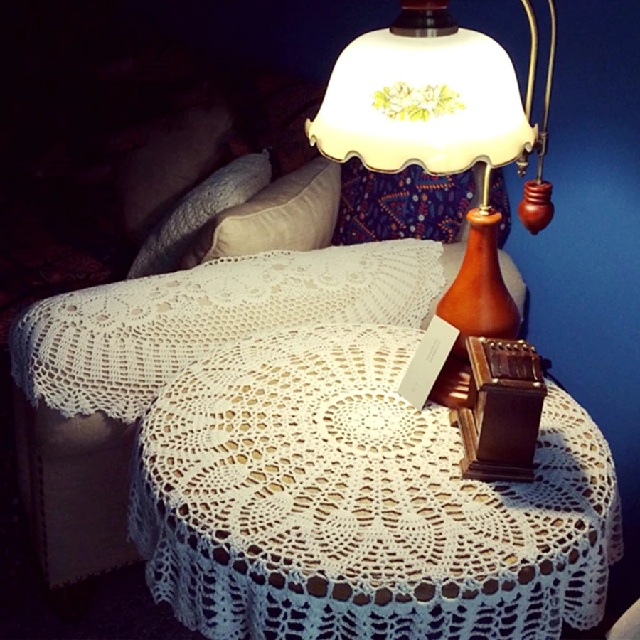 Handmade Crocheted Round Table Cloth Coasters Cotton Lace Cup Mat Placemat Pastoral Style 70/ 80/ 90 CM
