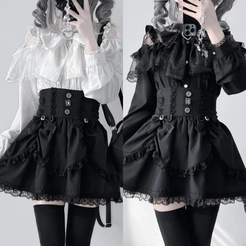 

Harajuku Lolita Bow White Shirts Women Lace Patchwork Mesh Long Sleeve Blouses 2025 Spring New Casual Blusas De Mujer