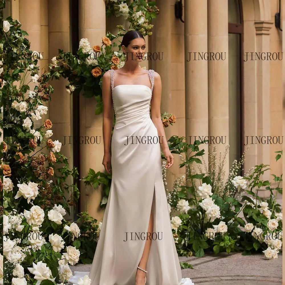 

Индивидуальные элегантные свадебные платья-русалки с жемчужными бретелями, боковым разрезом, съемным шлейфом, платья для невесты, Vestidos De Novia