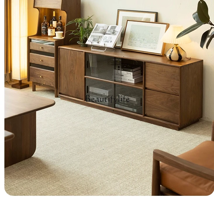 

ls 42 Solid wood TV cabinet High living room household black walnut bedroom TV floor-to-ceiling bookcase