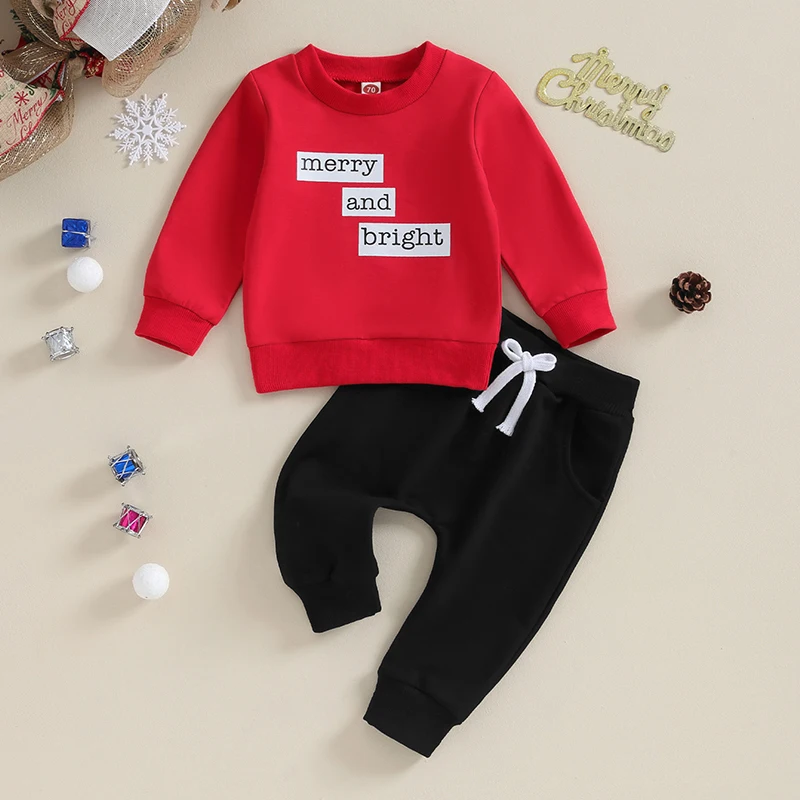 

Suefunskry Toddler Boys 2Pcs XMAS Set Long Sleeve Letter Print Sweatshirt Pullover and Elastic Drawstring Pants Autumn Set