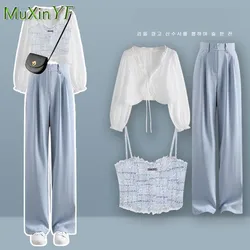 Conjunto de tres piezas para mujer, camisa de protección solar informal, pantalones con tirantes, blusa elegante coreana, traje de pantalones, novedad de verano 2024