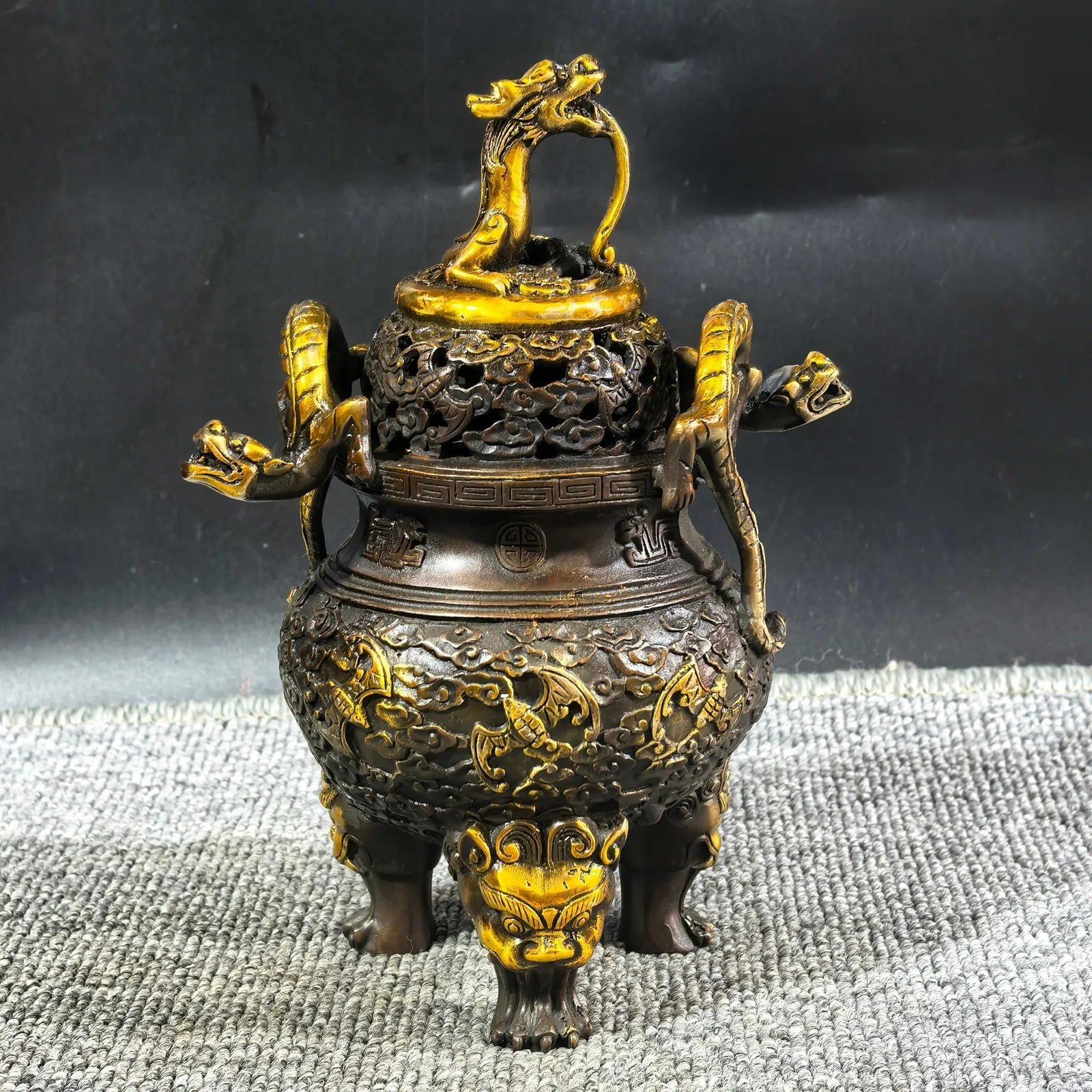 Ming Xuande Gilded Bronze Tripod Censer Double Ears 
