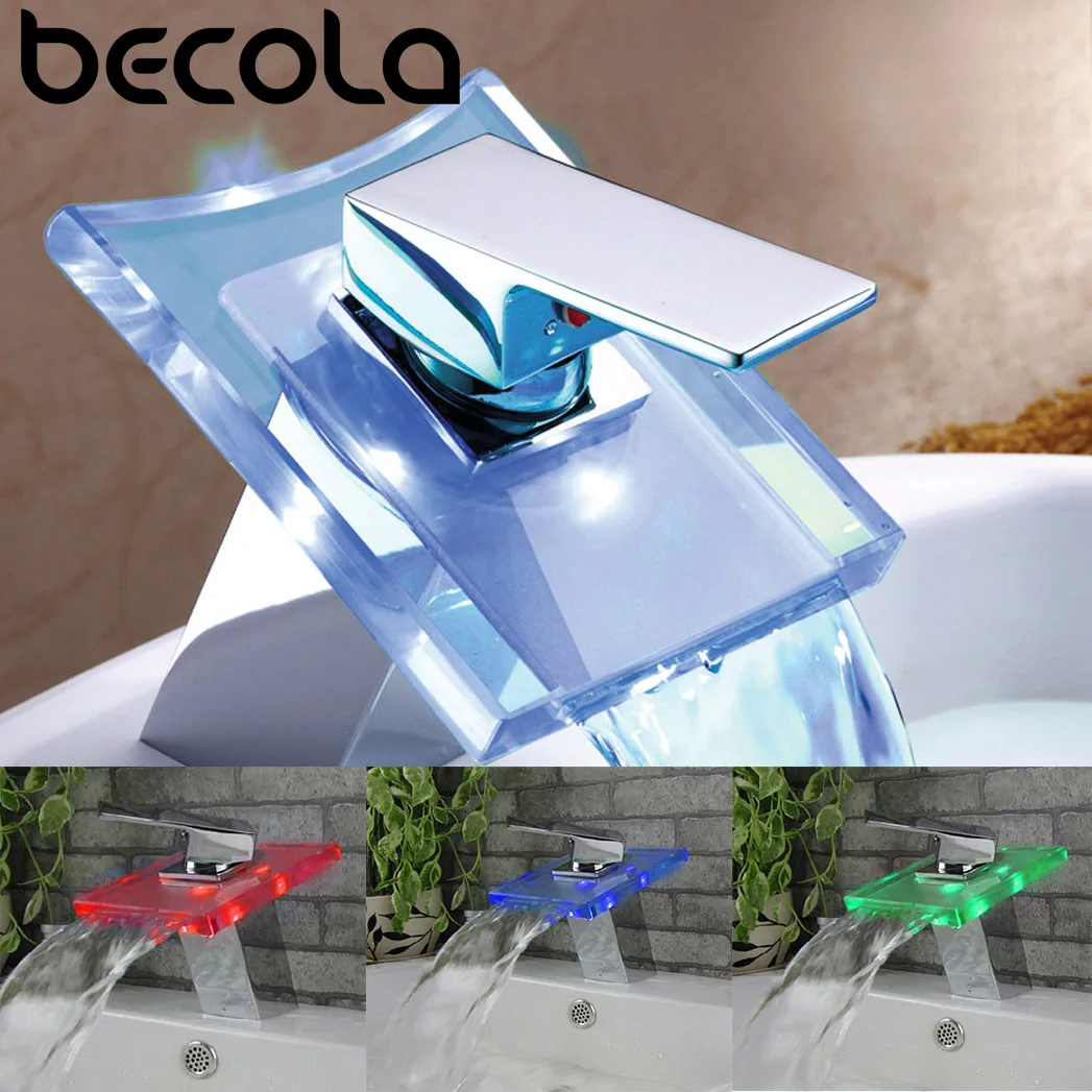 Becola Bathroom Waterfall Water Outlet LED Modern Fashion Basin Faucet Glass Brass Bathroom Deck Installation Sink Faucet