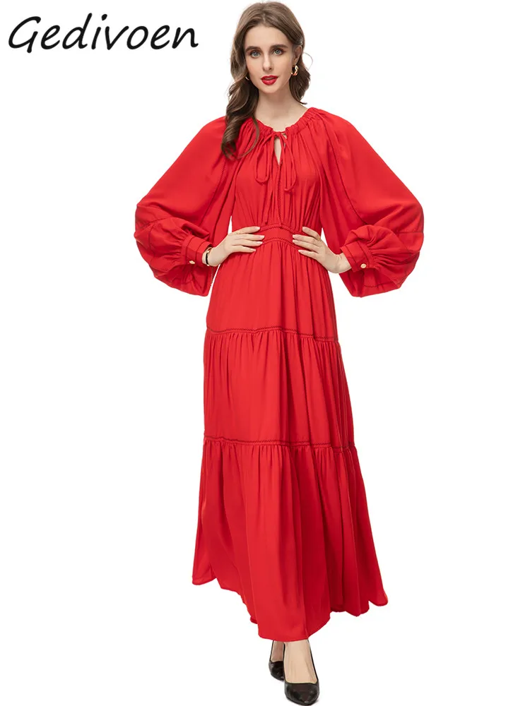 

Gedivoen Spring Fashion Designer Red Vintage Party Dress Women Lantern Sleeve Frenulum Ruffles High Waist Slim A-LINE Long Dress