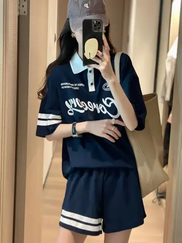 아메리칸 스타일 폴로 스포츠 세트 여성 여름 느슨한 슬리밍 한국어 버전 학생 반팔 반바지 캐주얼 투피스 세트