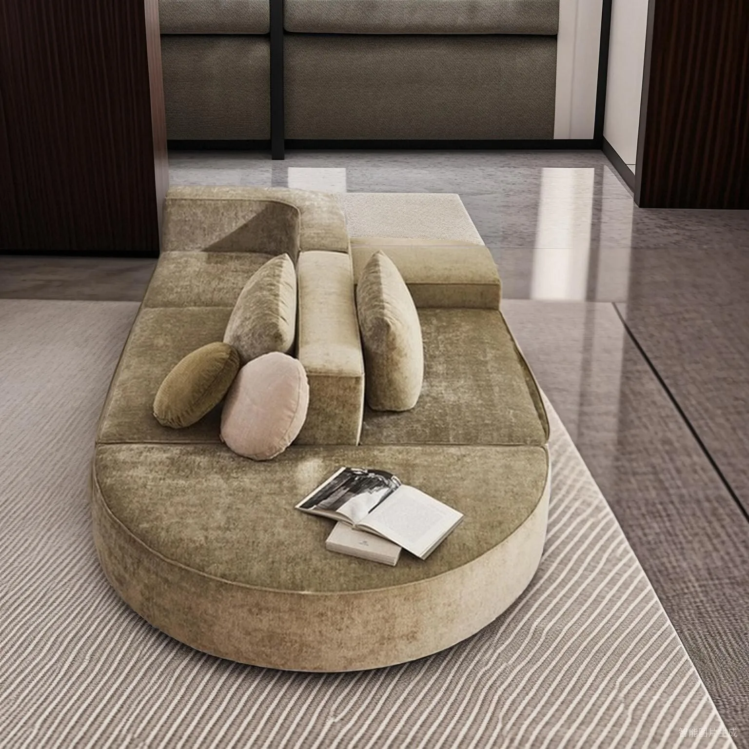 أريكة إسكندنافية على الوجهين من الخلف إلى الخلف، أريكة مبتكرة على شكل خاص، غرفة معيشة كبيرة ذات أرضية مسطحة، استقبال الفندق