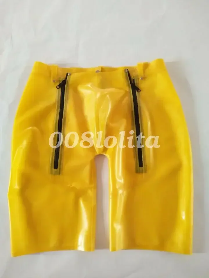 100%Latex Rubber Men Sexy Tight Shorts Briefs Yellow Zipple  0.4mm Masquerade