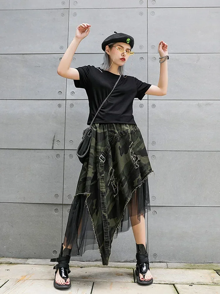 XITAO Pleated Leopard Lace Midi Skirt Women Irregular Print 2019 Pole Wild Joker Summer Punk Style Korea Fashion New  XJ1689