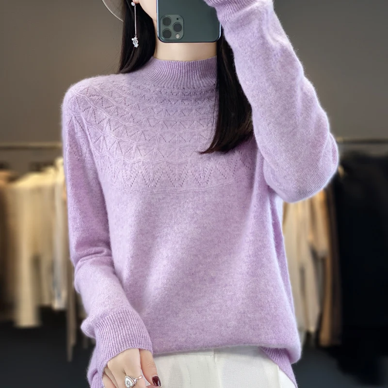 Autumn and winter 100% merino wool first-line ready-to-wear hollow women's pullover semi-high neck solid color sweater